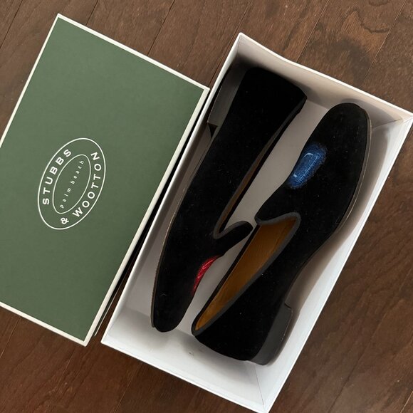 Stubbs & Wootton Black Loafers with Blue and Red Accents - Picture 1 of 5